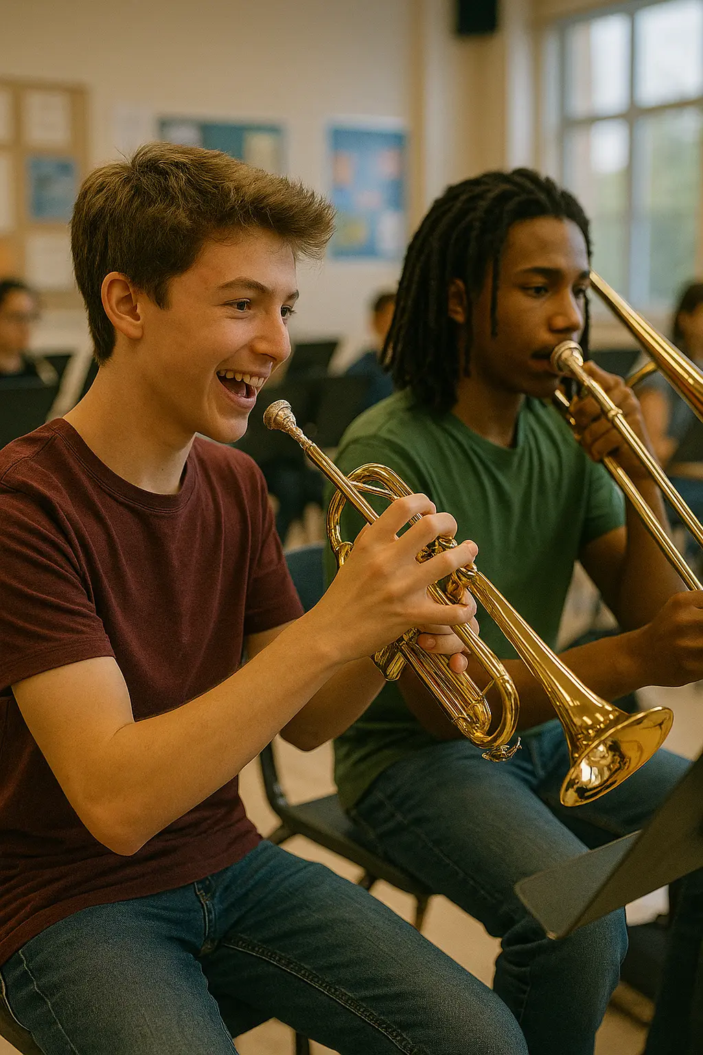 Students practicing together in ensemble using synchronized metronome
