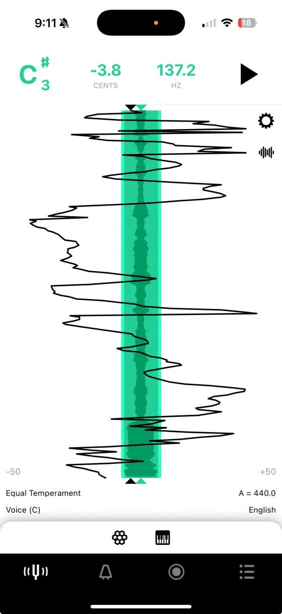 Tunable chromatic tuner displaying Sustained Pitch History over time