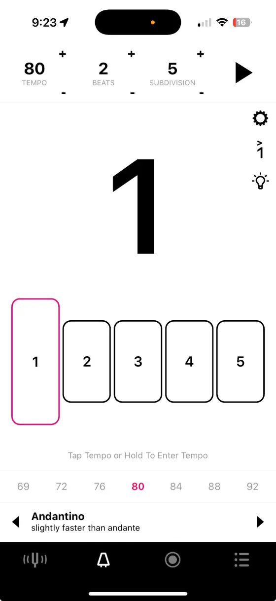 Tunable visual metronome with tempo subdivision and multi-device sync
